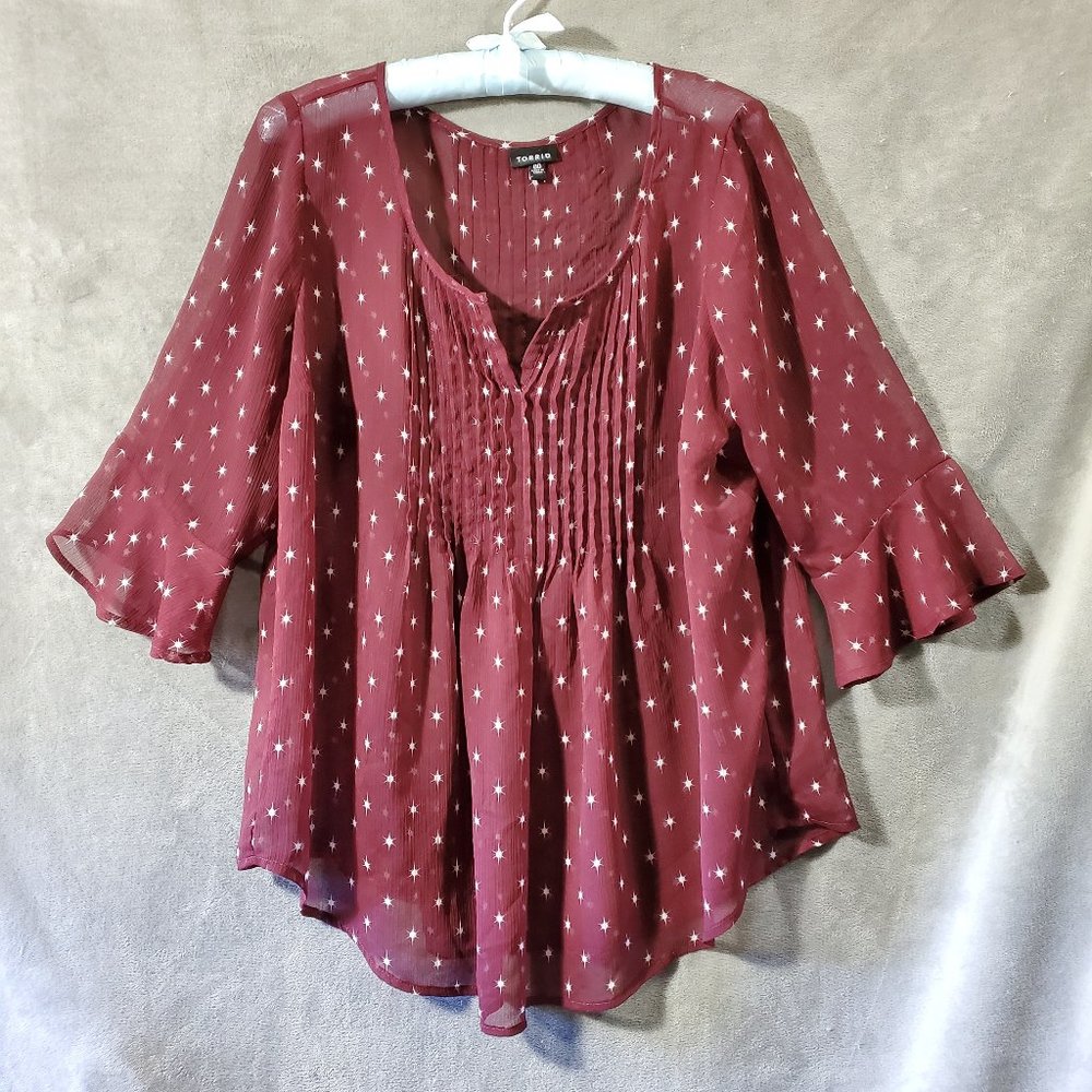 Torrid 3/4 Bell Sleeve Sheer Layering Blouse Burgundy Size 00 (M/L:  38-40)
